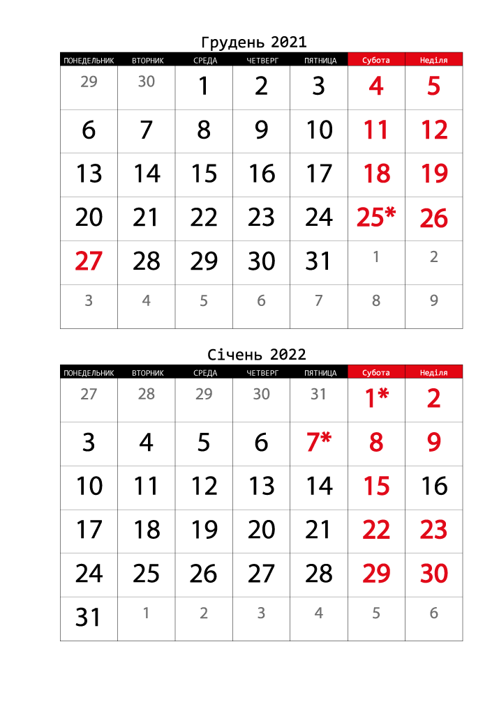 Календар 2021 на Грудень, Січень Книжковий формат