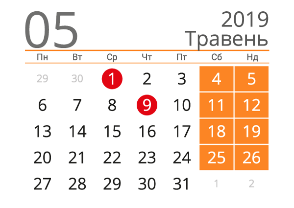 Календар на травень 2019 року