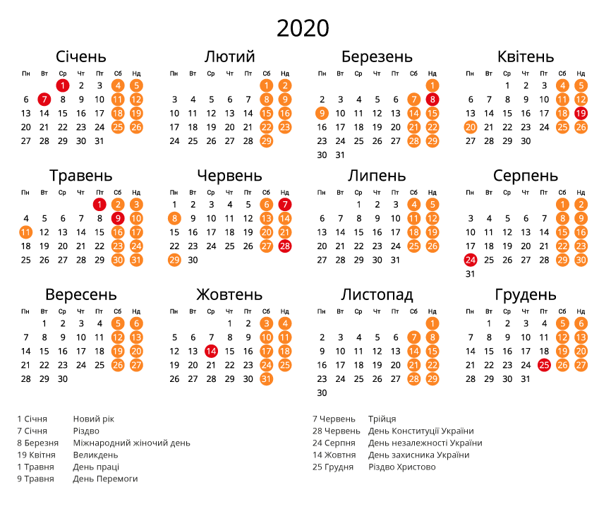 Календар на 2020 - Зі святами